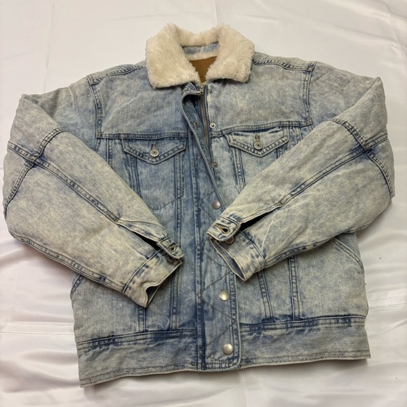 American Eagle MENS XS Sherpa Lined Jean Jacket Ranch Trucker Acid Washed Denim - Picture 6 of 9